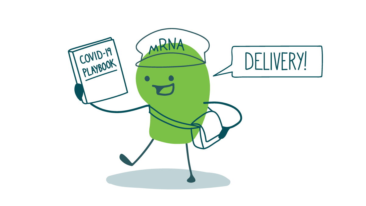 A doodle wearing a messenger bag and a hat labeled “mRNA” holds up a COVID-19 playbook and says, “Delivery!”