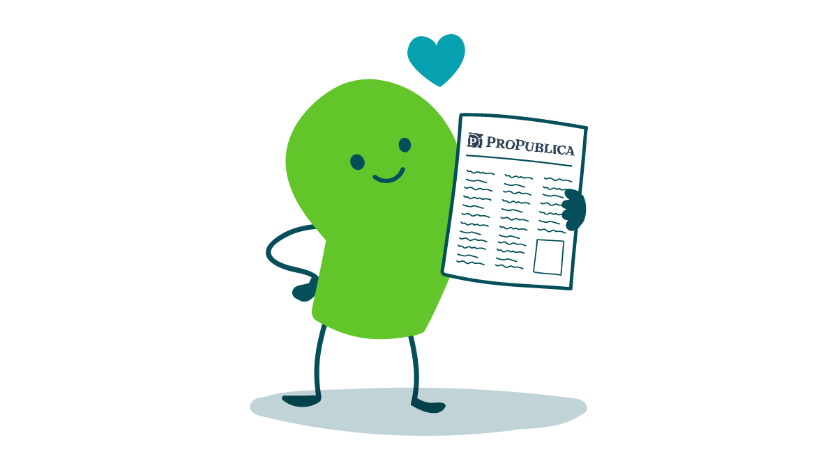 A doodle holds a newspaper that says “ProPublica” at the top.