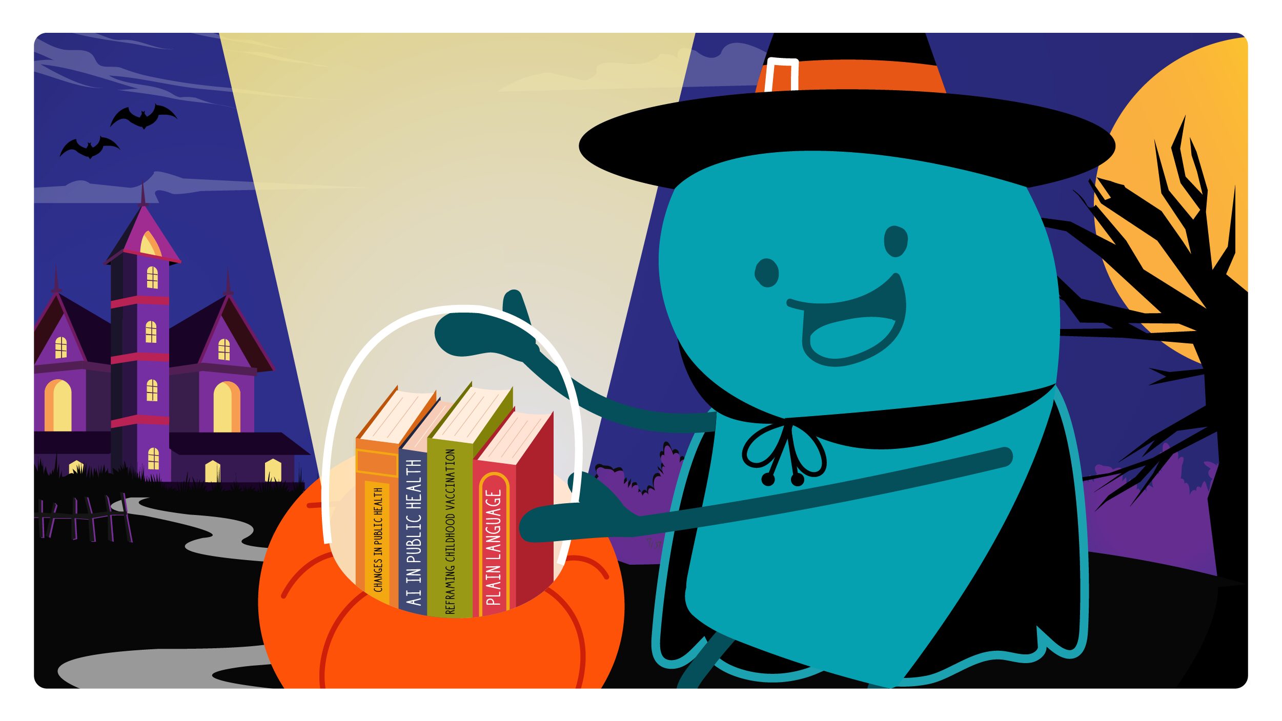 A doodle dressed as a witch holding books.