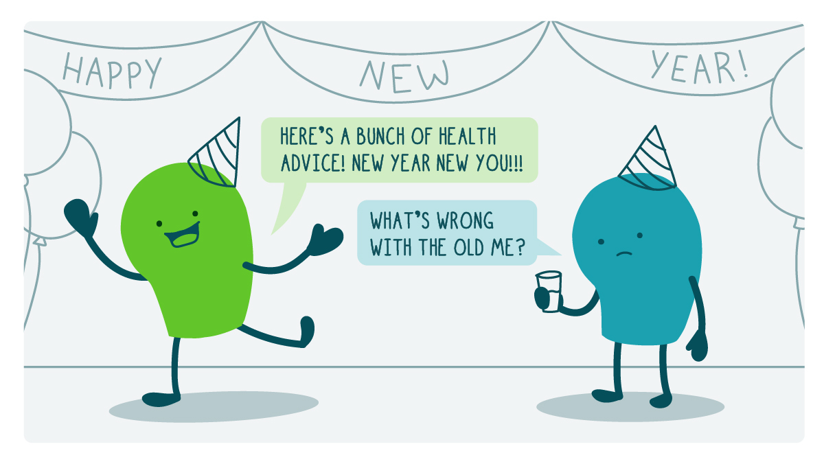 A doodle dances under a “Happy new year!” banner and says, “Here’s a bunch of health advice! New year new you!!!” Another doodle says, “What’s wrong with the old me?”