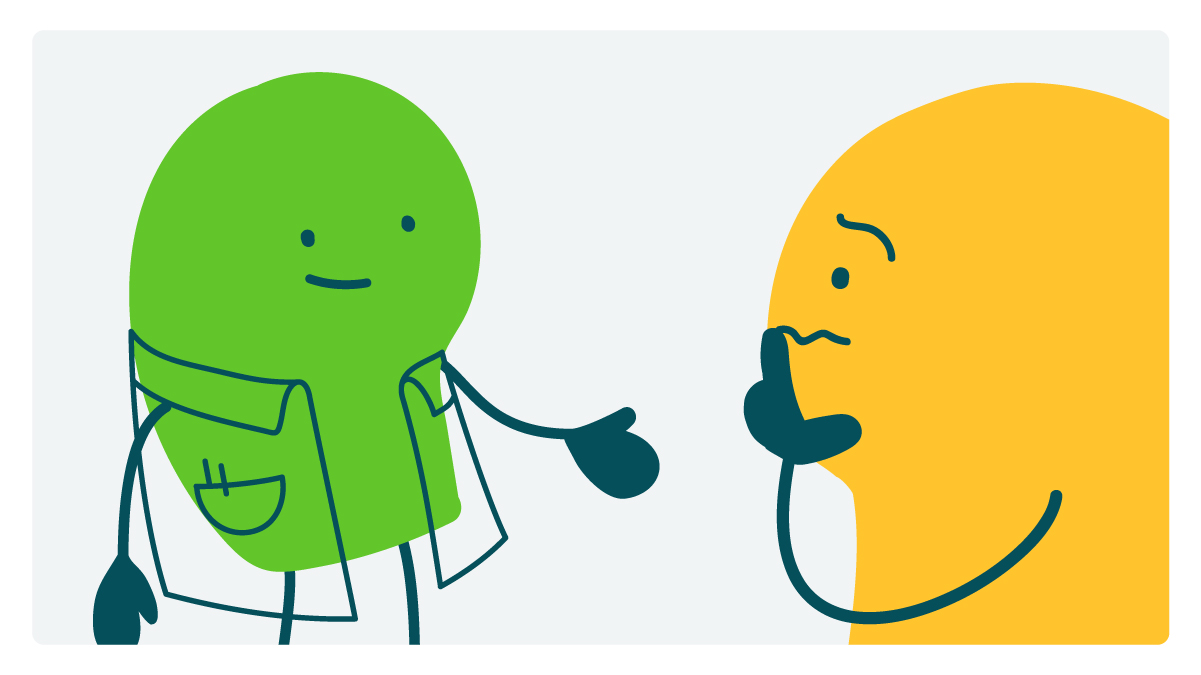 A public health professional doodle reaches out a hand to a perplexed-looking doodle.