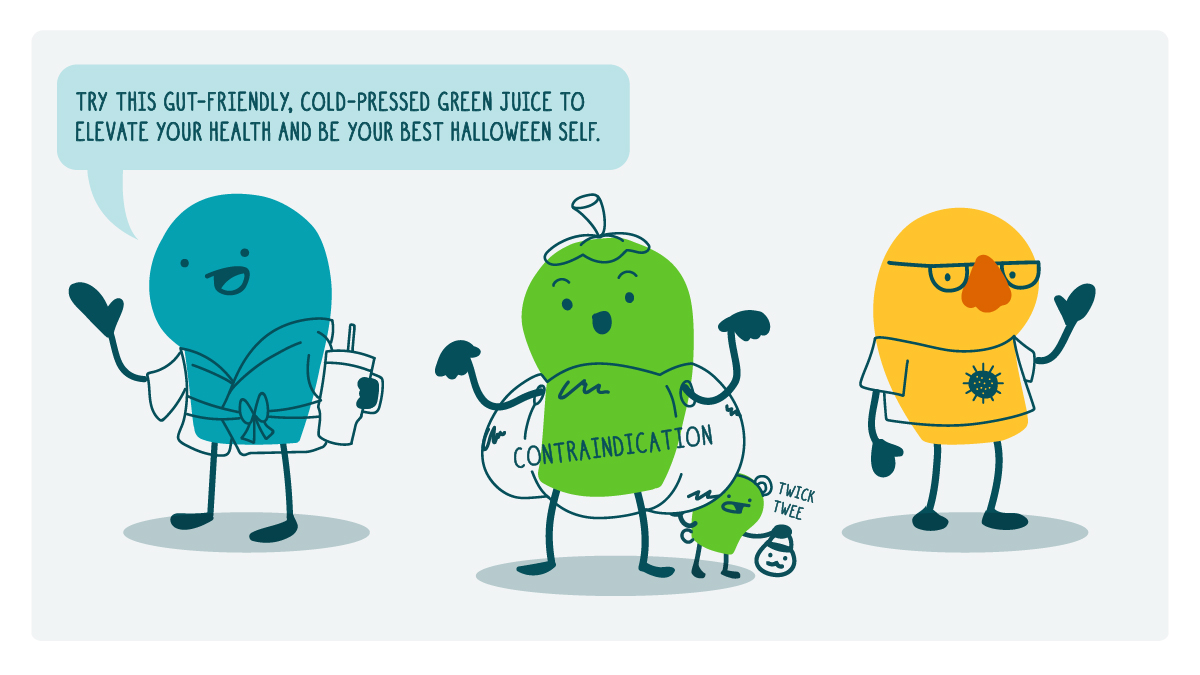 3 doodles are dressed up in "scary public health costumes." One is a pumpkin with jargon terms on it, one is a pathogen in disguise, and the other is an influencer chatting about the latest juice cleanse. A tiny trick-or-treating doodle chlid says, "twick twee."
