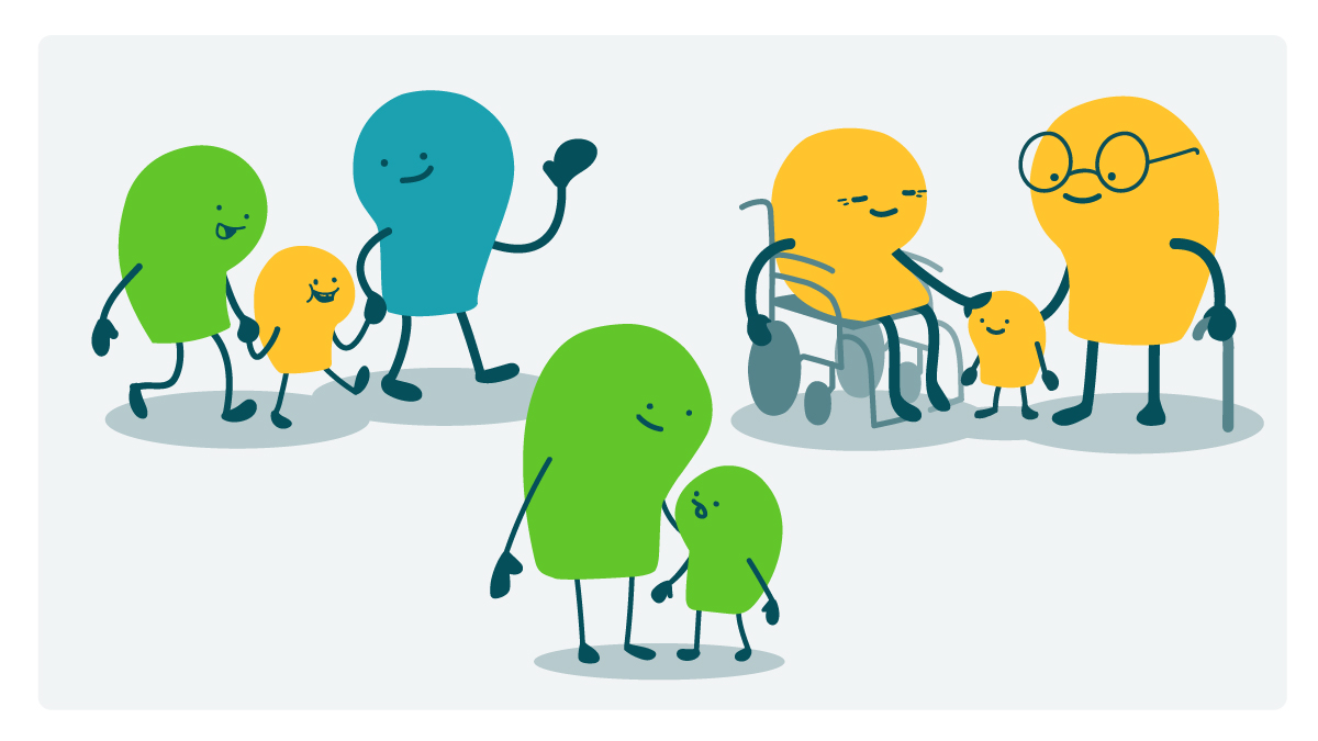 3 happy, diverse doodle families: one adoptive family, one with grandparents raising a small child, and a single-parent household.
