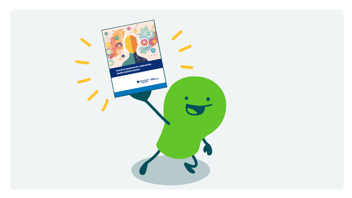 A smiling doodle holds up a copy of the misinformation playbook