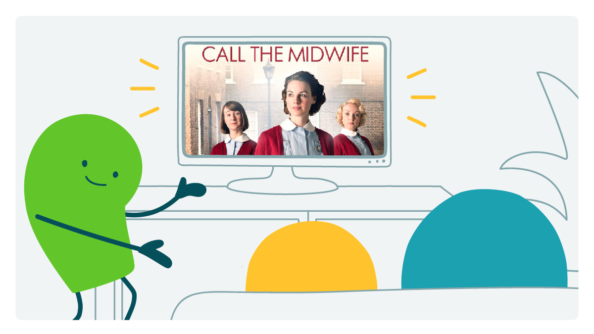 A doodle gestures to a TV screen with a scene from Call the Midwife on.