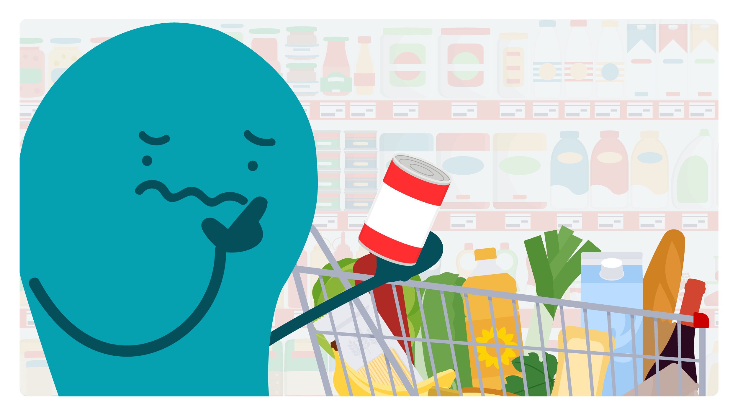 A doodle at the grocery store looking at a soup can.