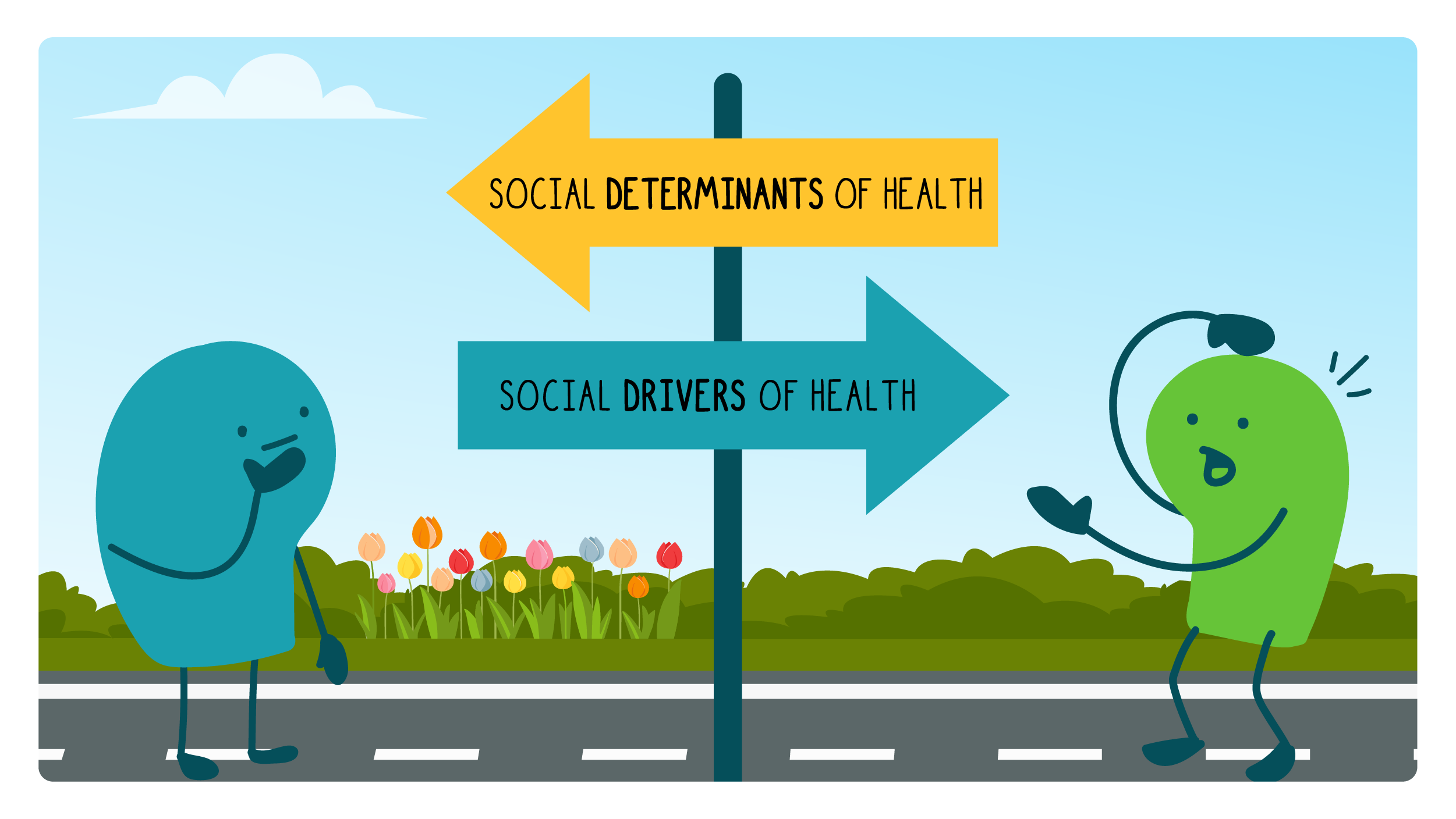 2 doodles looking at road signs that say "Social determinants of health" and "social drivers of health," pointing opposite directions.
