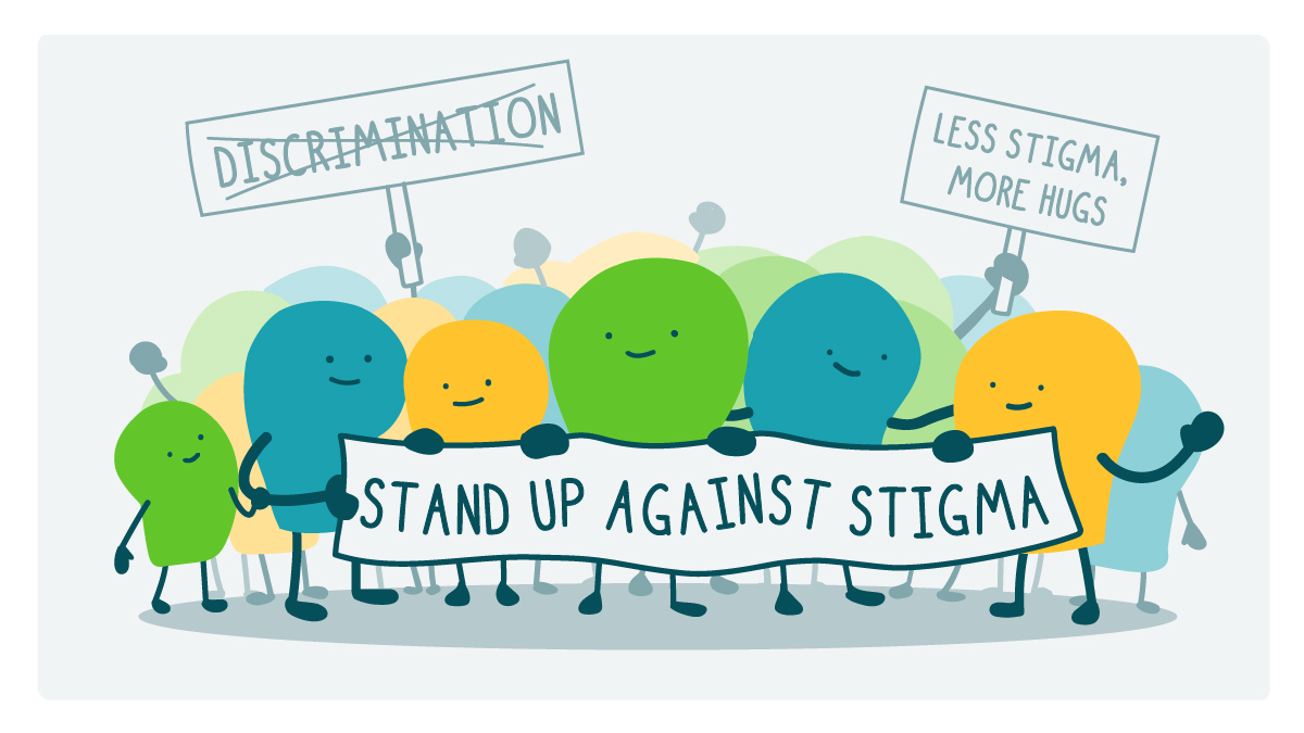 A group of blobs with anti-discrimination and stigma signs.