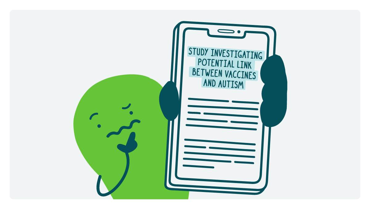A doodle looks at an article with the headline “Study investigating potential link between vaccines and autism” with a skeptical expression.