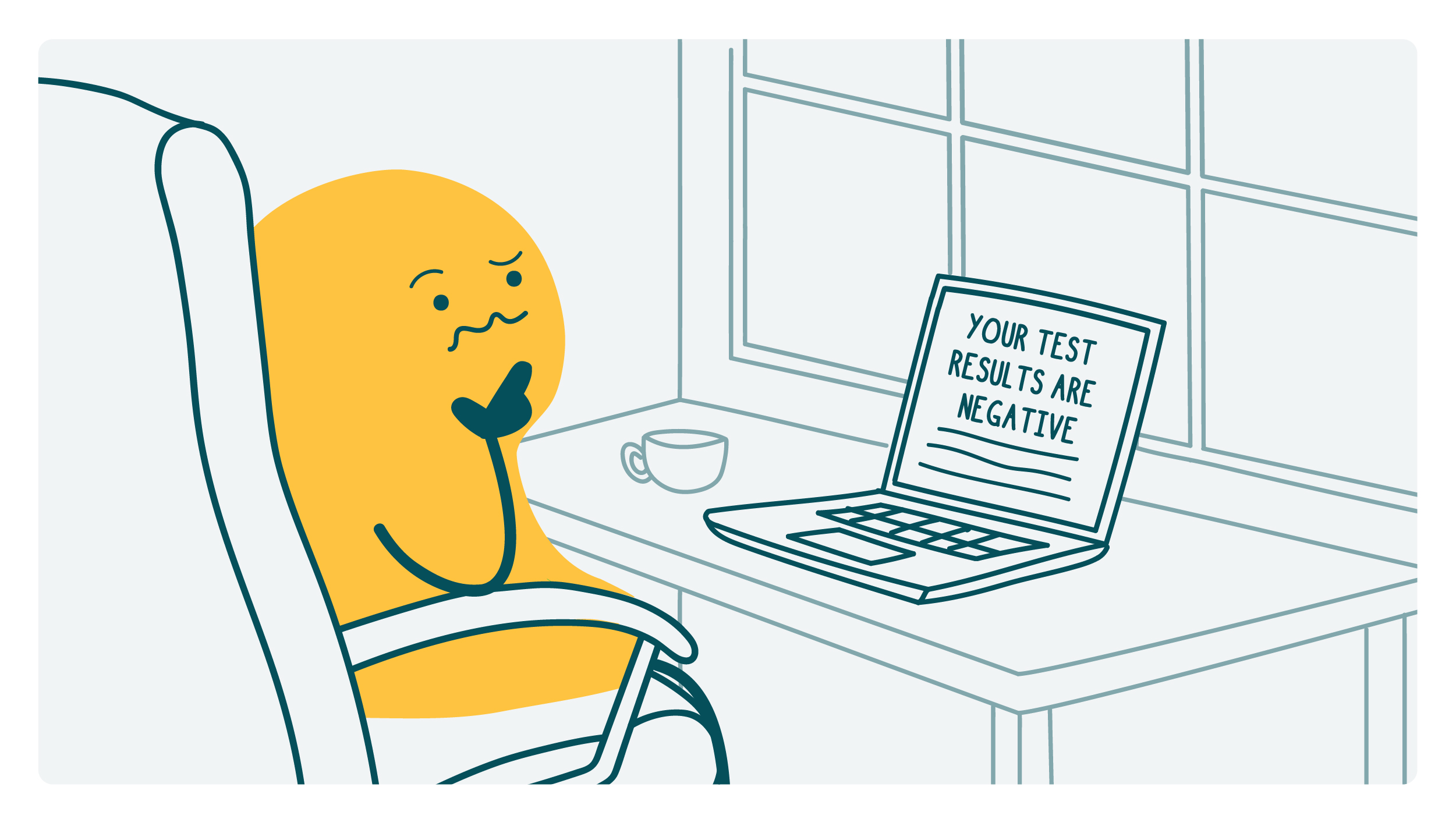 A confused doodle looking at negative test results on a computer.