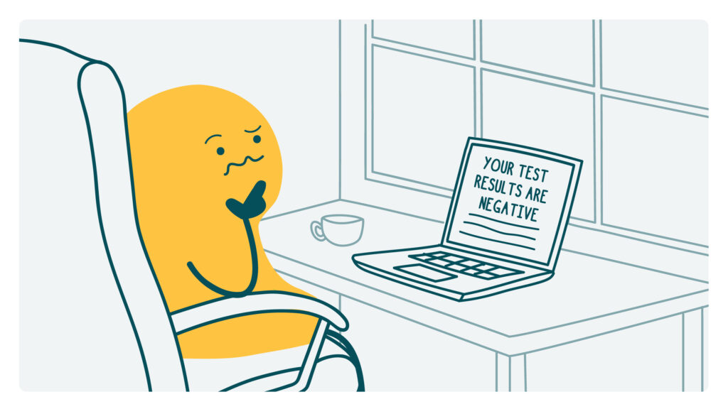 A confused doodle looking at negative test results on a computer.