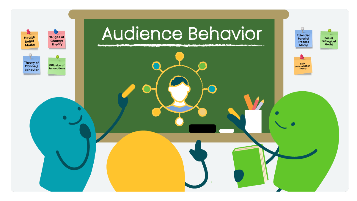 Doodles discussing audience behavior looking at a chalkboard.